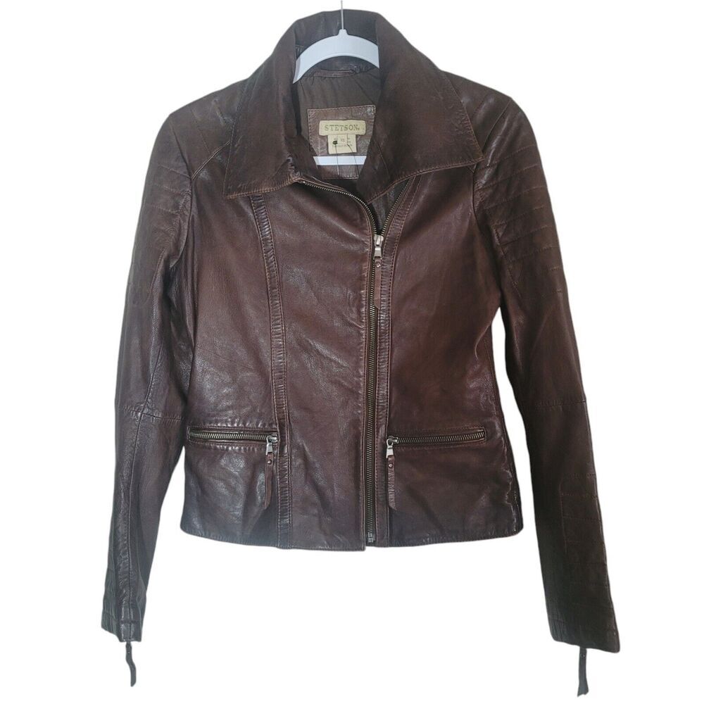 Stetson Women's Leather Motorcycle Jacket Size‎ XS Brown Western Boho NEW